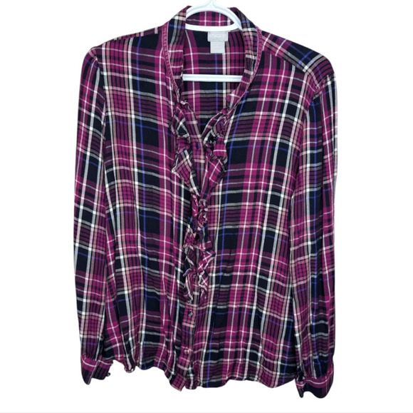 Chico's Purple Navy Ruffled Plaid Button Down Blouse Size 2 - Large Womens - Picture 2 of 11